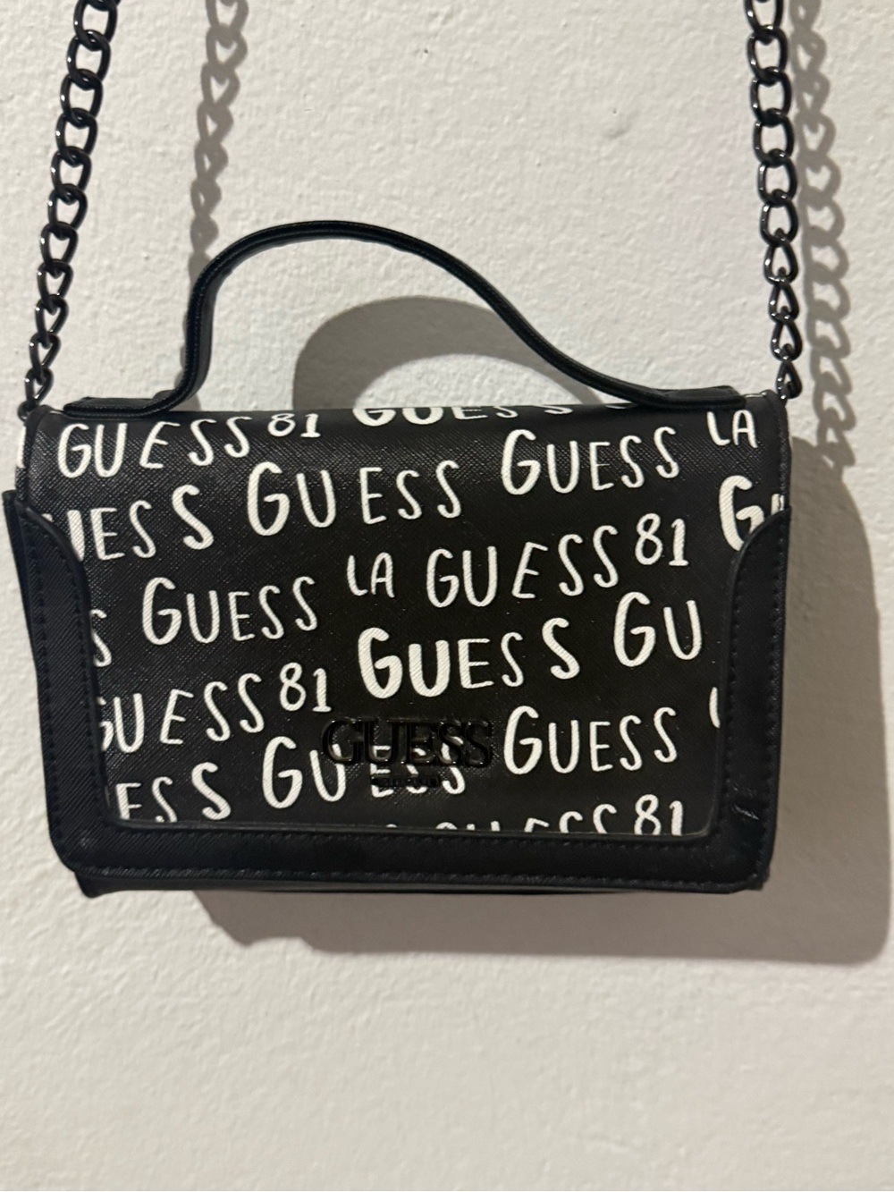 GUESS Black and White Logo Print Mini Crossbody Bag